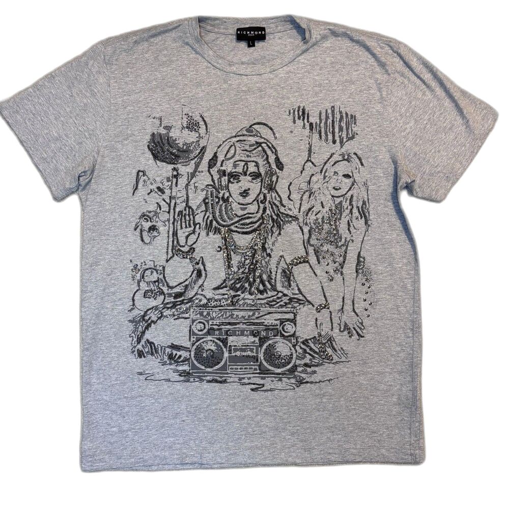 John Richmond Graphic Tee Beaded Embellished Shiva Boombox DJ Streetwear Y2K